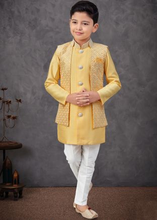 Yellow Embroidered Kids Sherwani With Jacket