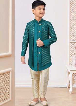 Teal Green Embroidered Kids Sherwani In Jacket Style