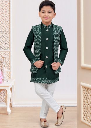 Green Embroidered Boys Sherwani With Jacket