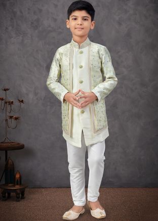 Cream Woven Work Boys Sherwani In Jacket Style