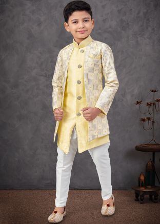Yellow Embroidered Kids Sherwani In Jacket Style