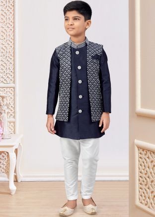 Blue Embroidered Boys Sherwani With Jacket