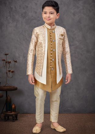 Brown Woven Boys Sherwani In Jacket Style