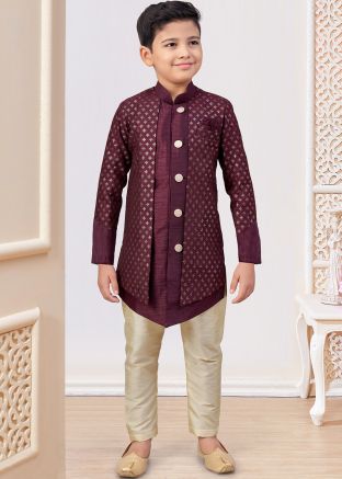 Wine Embroidered Boys Sherwani With Jacket