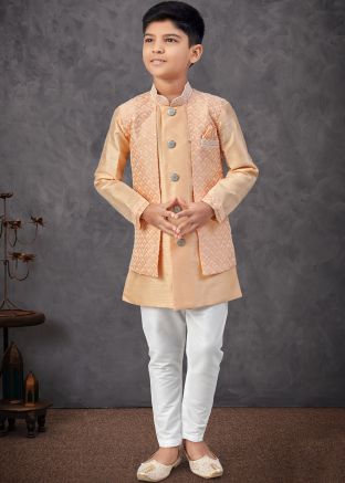 Peach Embroidered Kids Sherwani In Jacket Style