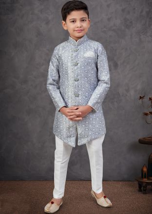 Grey Sequin Work Kids Sherwani In Banarasi Silk