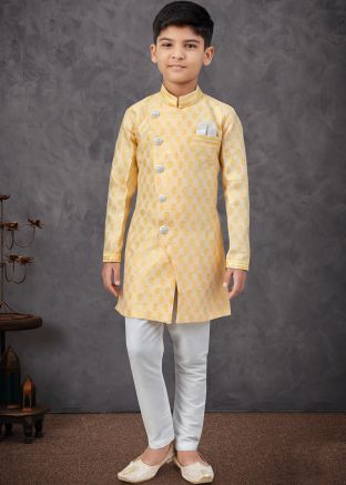 Yellow Woven Work Kids Sherwani In Banarasi Silk