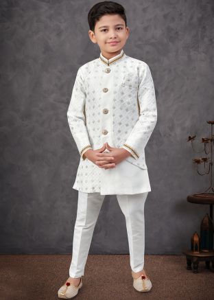 White Embroidered Kids Sherwani In Jacket Style