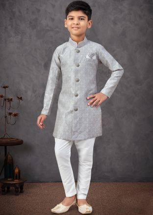 Grey Embroidered Kids Sherwani In Banarasi Silk