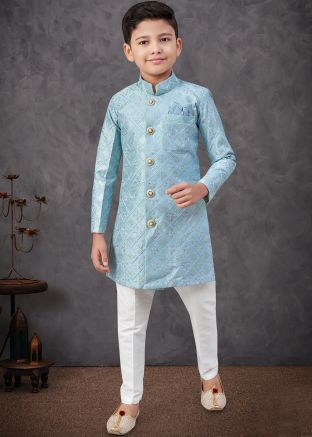 Blue Embroidered Boys Sherwani In Art Silk