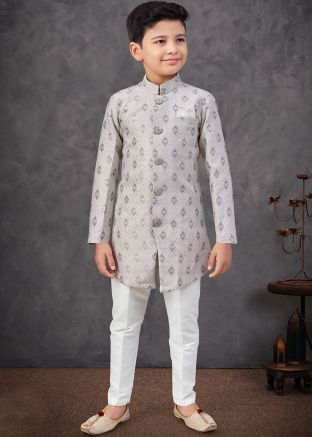 Grey Woven Work Kids Sherwani In Banarasi Silk
