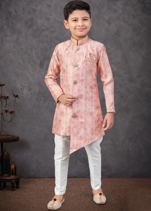 Pink Embroidered Kids Sherwani In Art Silk