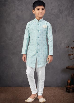 Blue Woven Work Kids Sherwani In Banarasi Silk