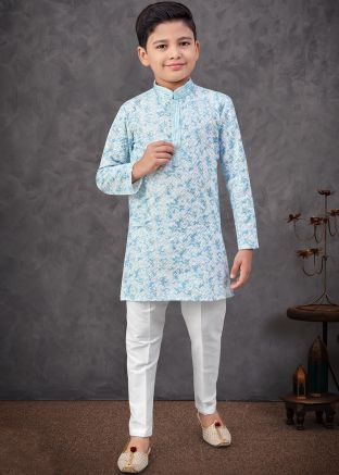 Blue Embroidered Kids Kurta Pajama
