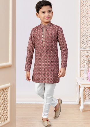 Maroon Embroidered Kids Kurta Pajama In Rayon