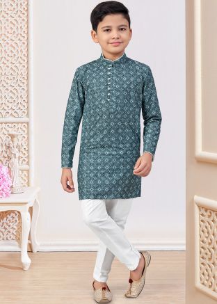 Blue Printed Kids Kurta Pajama In Rayon