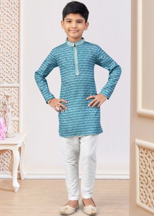 Blue Printed Kids Kurta Pajama In Jacquard