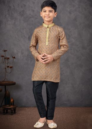 Brown Printed Kids Kurta Pajama In Jacquard