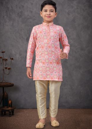 Pink Embroidered Kurta Pajama In Rayon