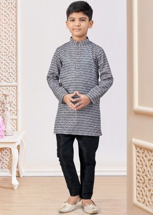 Black Embroidered Kurta Pajama In Jacquard