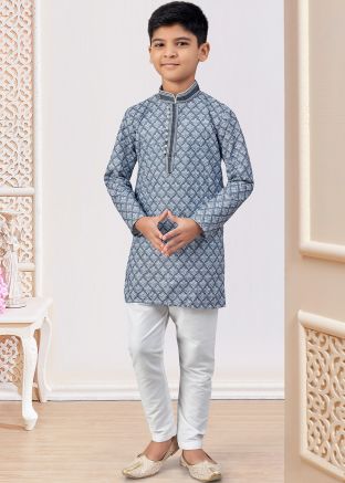 Blue Printed Kids Kurta Pajama In Rayon