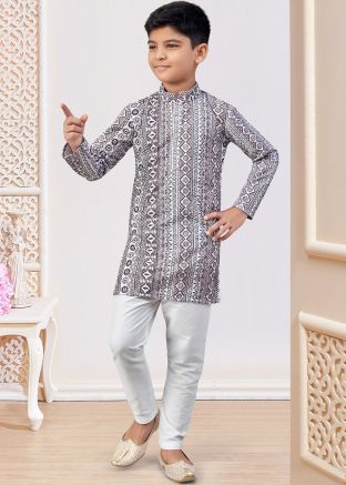 Brown& White Printed Kids Kurta Pajama