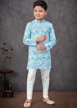 Blue Embroidered Kids Kurta Pajama