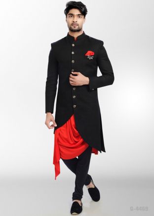 Black Readymade Asymmetric Indo Western Sherwani Set