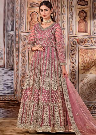 Pink Net Embroidered Anarkali Salwar Kameez