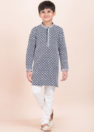 Readymade Navy Blue Embroidered Kids Kurta Pajama