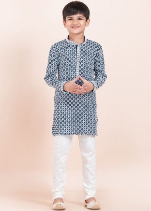 Readymade Blue Embroidered Kids Kurta Pajama