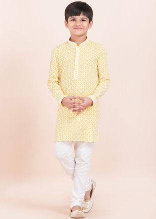 Yellow Embroidered Readymade Kids Kurta Pajama