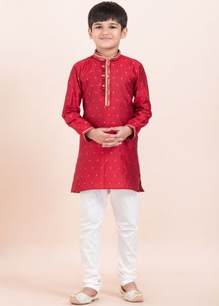 Red Readymade Kids Woven Kurta With Pajama