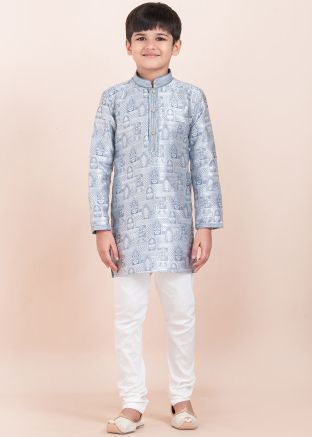 Grey Kids Readymade Woven Kurta Pajama