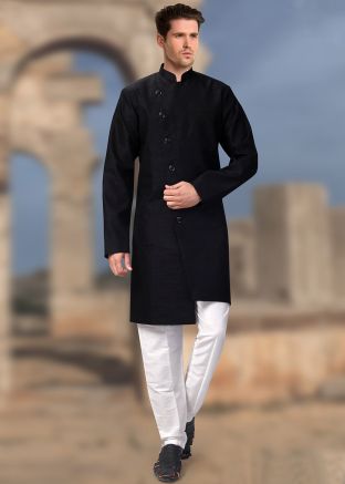 Black Asymmetric Art Silk Sherwani Churidar Set