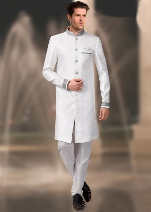 White Brocade Woven Sherwani With Churidar