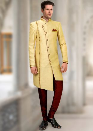 Yellow Indo Western Groom Sherwani Churidar Set