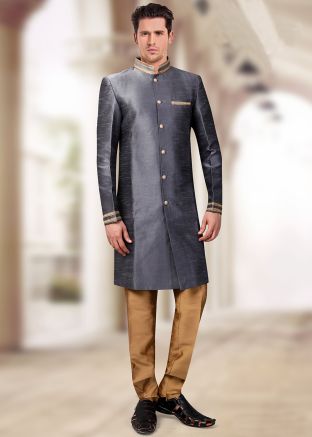 Grey Readymade Art Silk Sherwani With Churidar