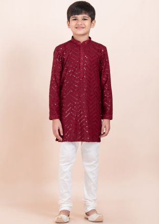 Readymade Maroon Sequins Embellished Kids Kurta Pajama
