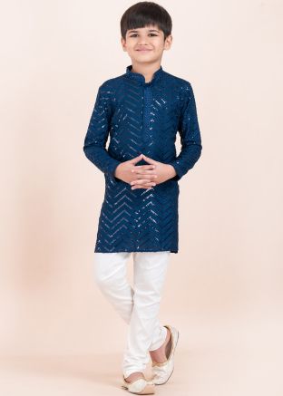Readymade Blue Sequins Embellished Kids Kurta Pajama