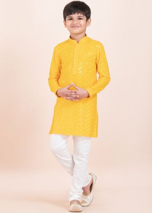 Readymade Yellow Sequins Kids Kurta Pajama Set