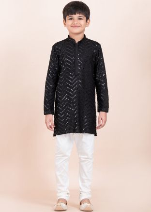 Readymade Black Sequins Kids Kurta Pajama Set