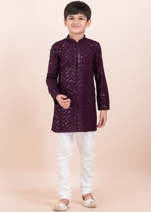 Readymade Purple Sequins Work Kids Kurta Pajama Set