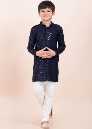 Readymade Navy Blue Sequins Kids Kurta Pajama Set