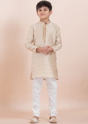 Readymade Off White Woven Kids Kurta Pajama