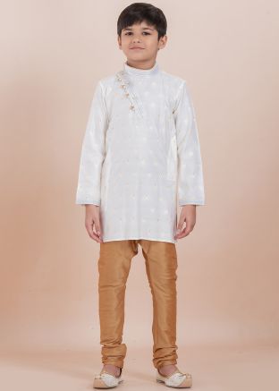 White Kids Readymade Woven Kurta Pajama Set