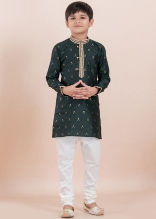 Teal Green Readymade Kids Woven Kurta Pajama Set