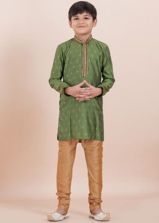 Green Readymade Kids Woven Kurta Pajama Set