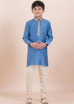 Blue Readymade Kids Woven Kurta Pajama Set