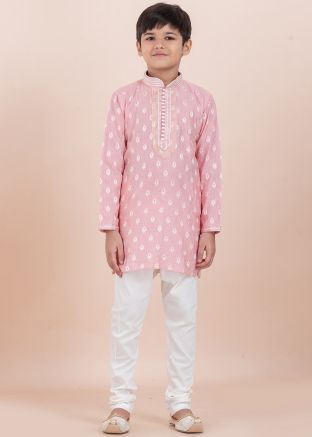 Pink Readymade Kids Woven Kurta Pajama Set